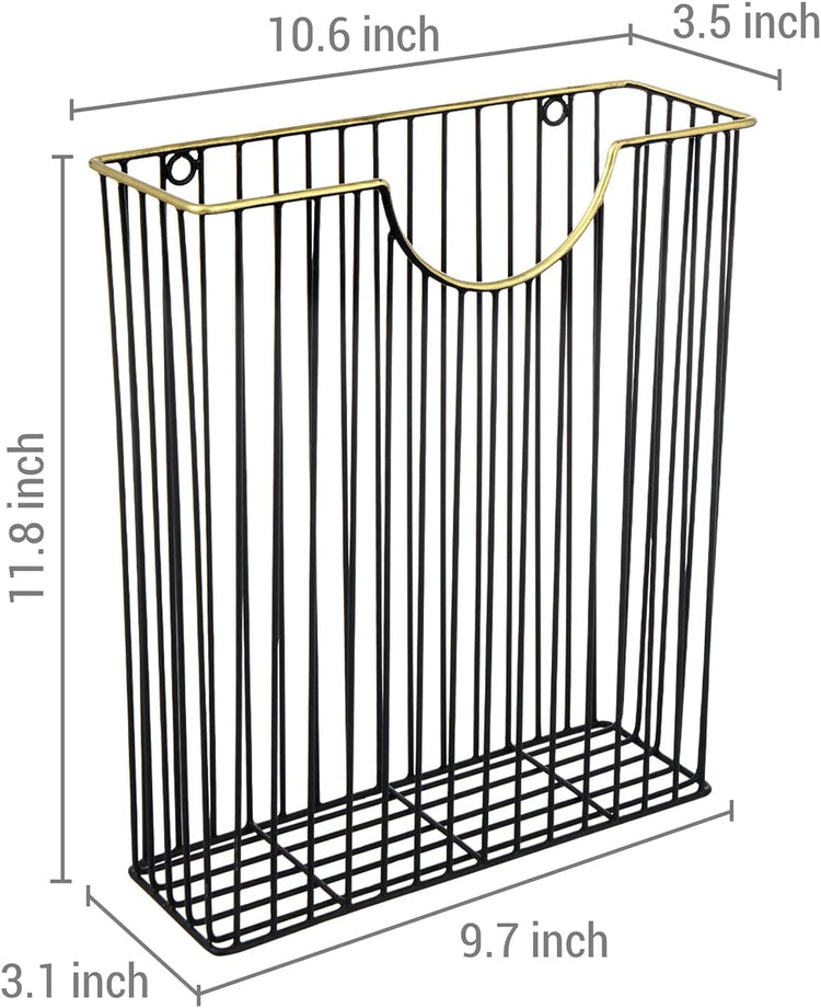 Art Deco Style Matte Black Metal Wire Magazine Rack with Brass Tone Rim, Wall Mounted Holder Storage Basket for Mail-MyGift