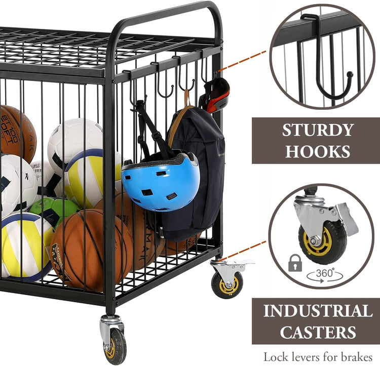 Black Metal Rolling Sports Ball Cage Storage Hopper, Gym Equipment Basket Cart with Lockable Latch, Wheels, and Hooks-MyGift