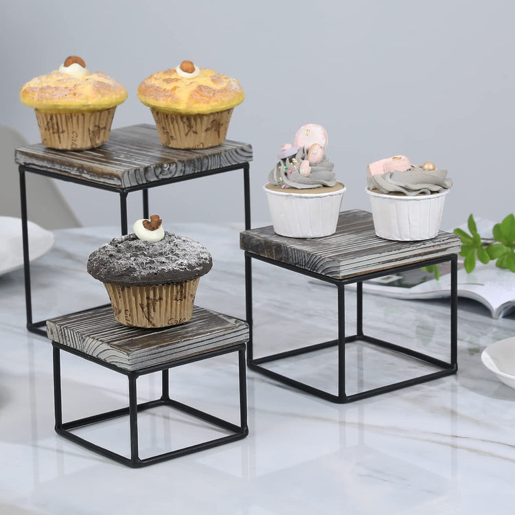 Set of 3, Torched Wood and Black Metal Square Cupcake Stands, Food Dessert Display Risers, Retail Merchandise Stands-MyGift