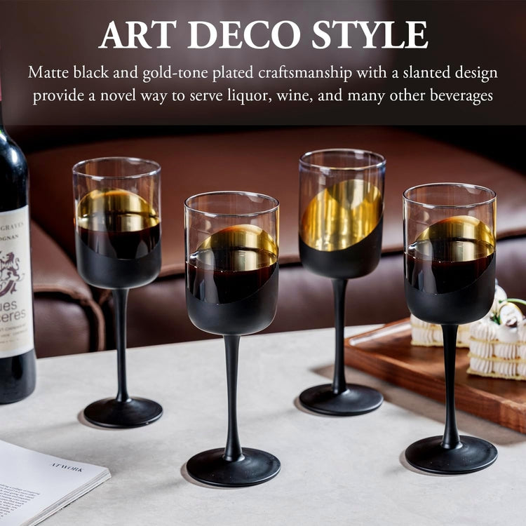 14 Oz Matte Black and Gold Stemmed Titled Design Wine Glasses, Set of 4