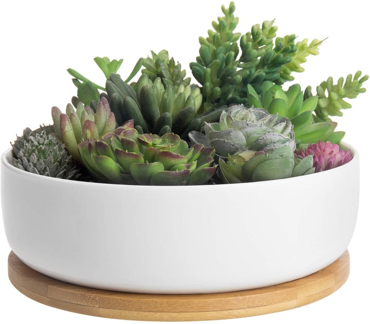 MyGift Modern Small Indoor Plant Pot with Drainage Hole, 6 inch White and Gray Ceramic Marbled Succulent Planter with Removable Gold Tray