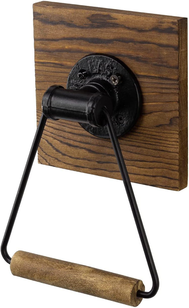 Dark Brown Burnt Wood and Industrial Black Metal Pipe Wall Mounted Towel Ring-MyGift