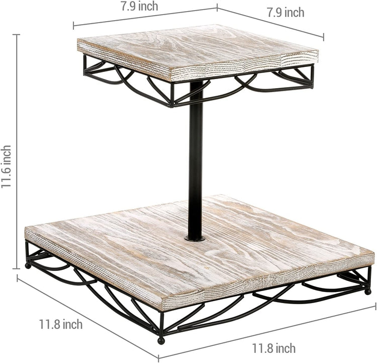 2 Tier Whitewashed Wood Cupcake Holder Stand with Black Metal Wire Trim Dessert Riser Tray-MyGift