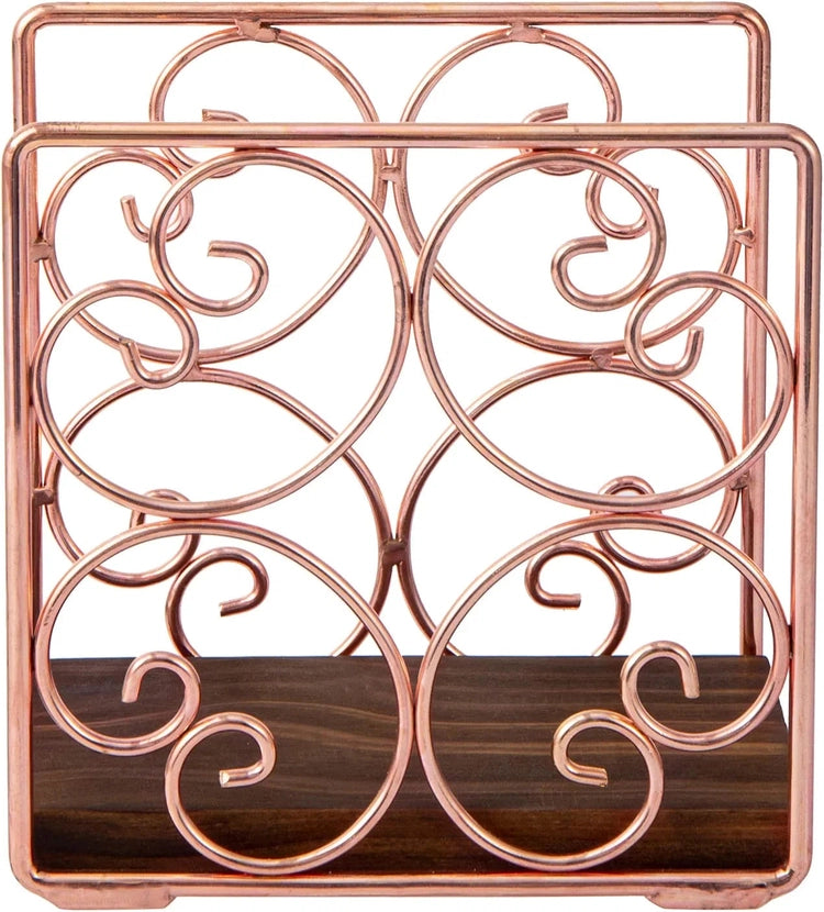 Copper Tone Metal Wire Napkin Holder with Burnt Wood Base, Upright Serviette Dispenser Rack with Scrollwork Design-MyGift