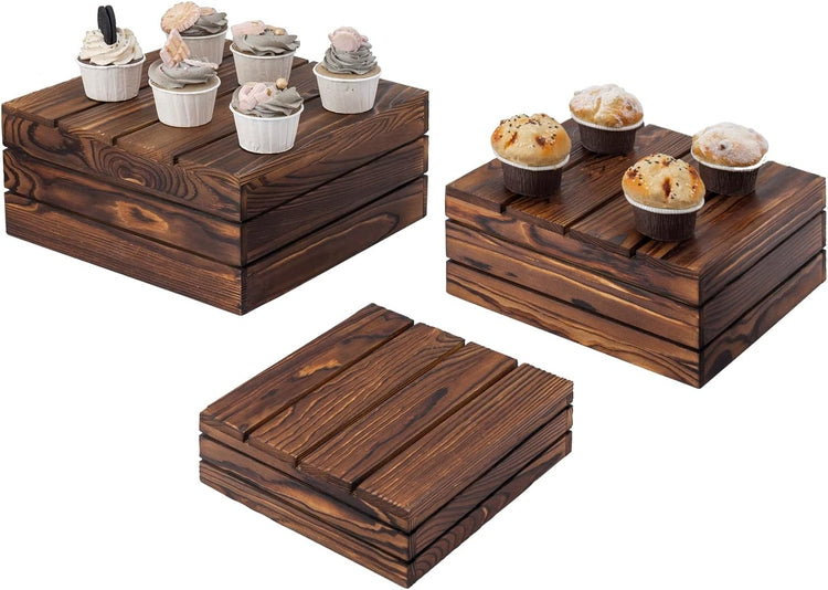 Dark Brown Wood Stackable Display Box Riser Stands, Decorative Storage Bins,  3-Piece Set