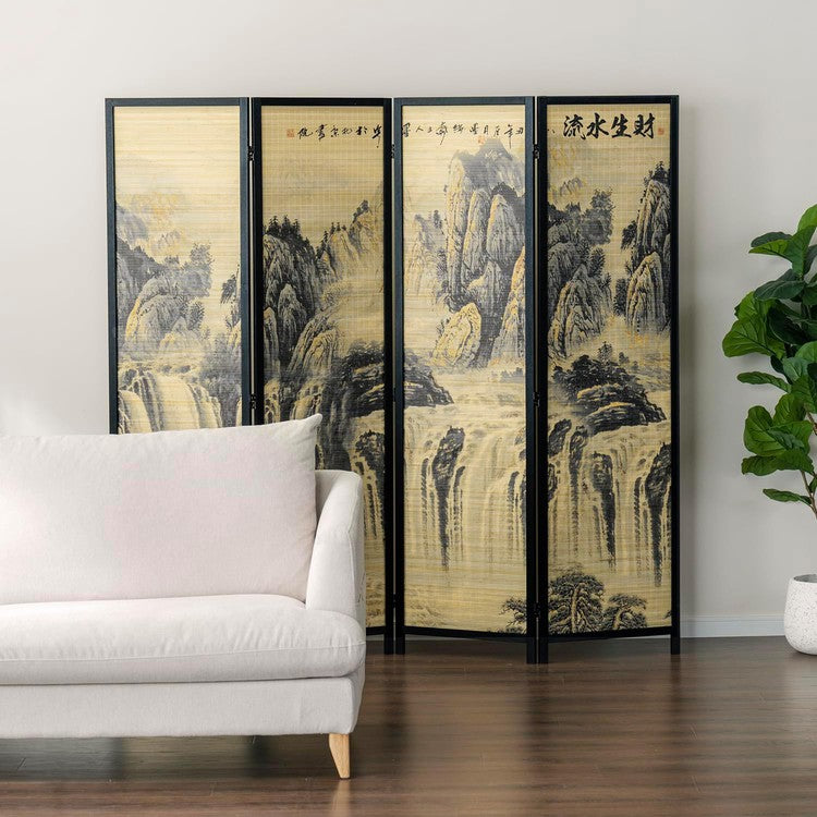 Paneled Black Frame Freestanding Room Divider Bamboo Folding Privacy Screen with Dual Sided Asian Mountain & Waterfall-MyGift