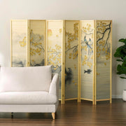 Paneled Bamboo Room Divider with Dual Sided Birds Gingko Biloba Tree Sunset Design, Freestanding Folding Privacy Screen-MyGift