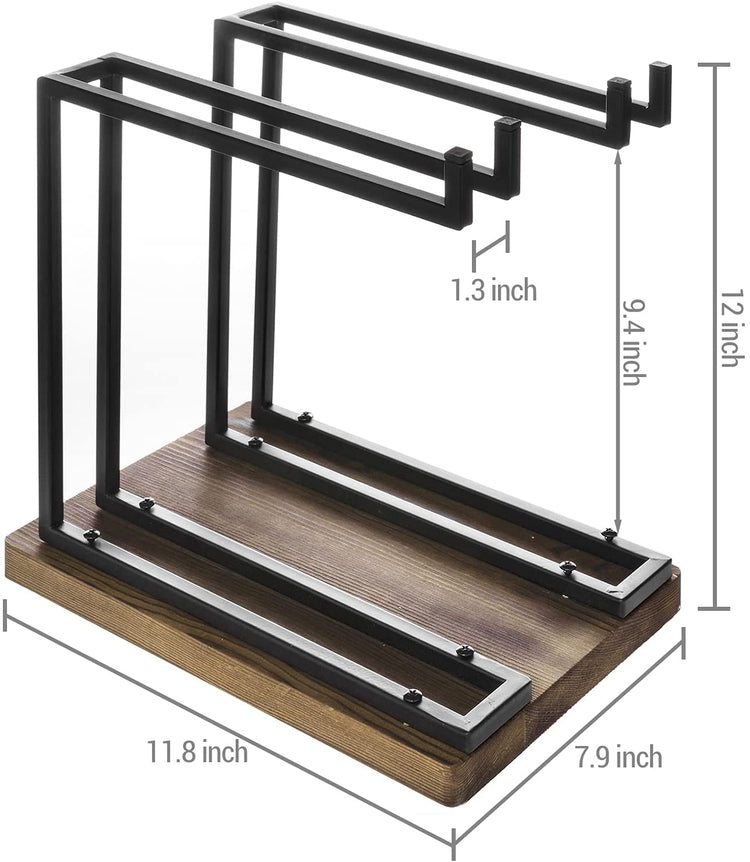 MyGift Countertop Wine Glass Stemware Holder Stand with Industrial Black Metal Double Racks and Wooden Base