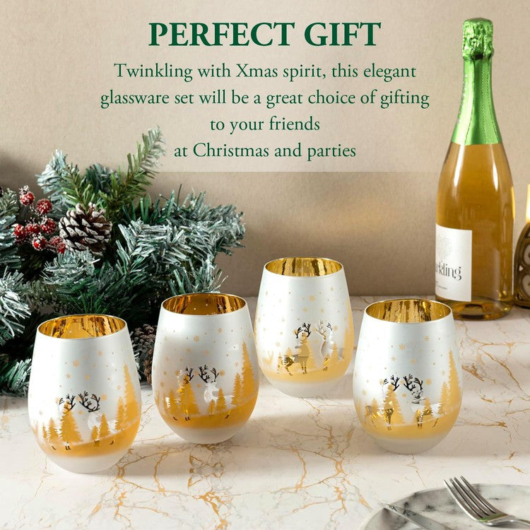 MyGift Set of 4 Modern Christmas Holiday Stemless Tumbler Wine Glasses  Drinkware