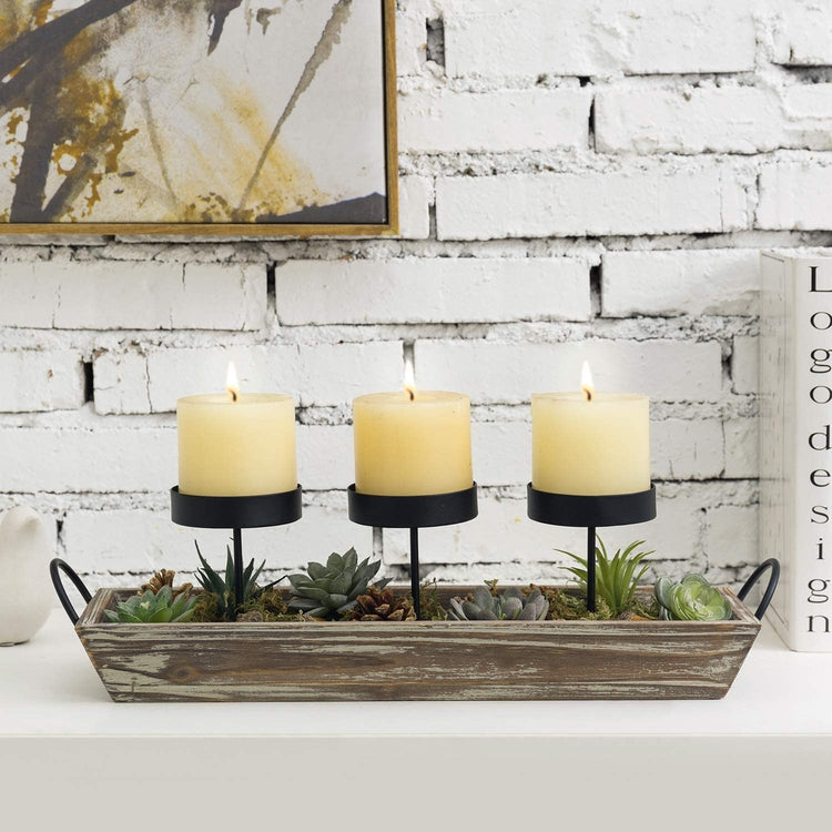 3 Metal Candle Holders with Torched Wood Tray and Artificial Succulent, Pine Cone Decorations-MyGift