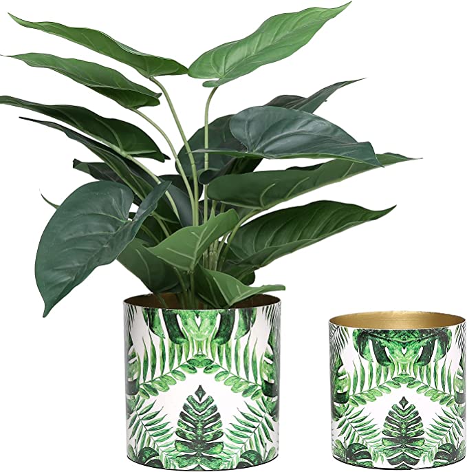 Metal Flower Pot with Green Palm Leaf Design and Brass Tone Interior, 2 Piece Set-MyGift