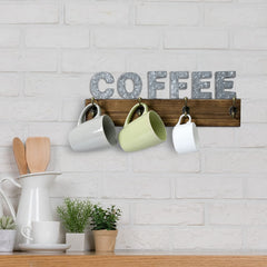 Brown Wood and Black Metal Wall Mounted Coffee Mug Rack and Display Shelf for 14 Cups