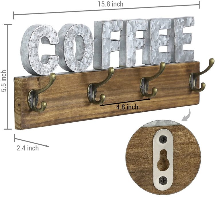MyGift Wall Mounted Coffee Mug Rack with 8 Hooks, Rustic Burnt Wood with Galvanized Silver Metal Hanging Coffee Sign Cup Holder