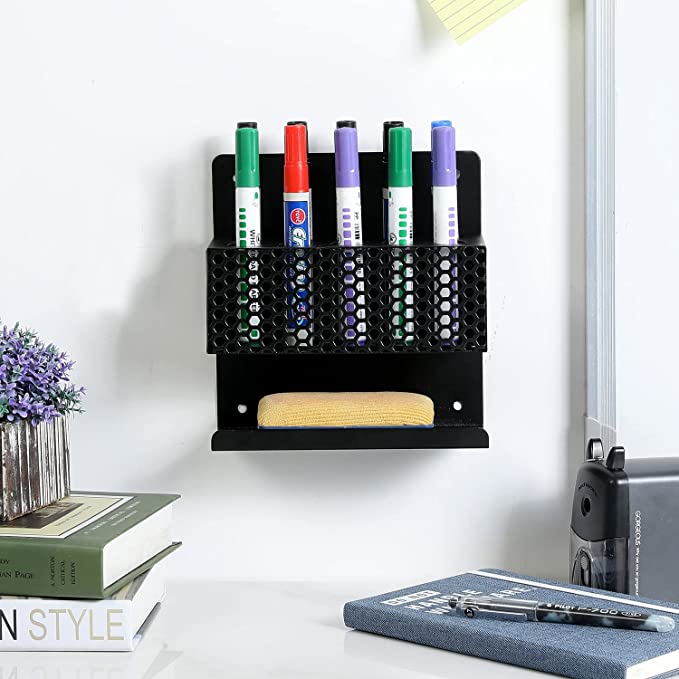 10 Slot Wall Mount Black Metal Dry Erase Marker Holder, Honeycomb Style Perforated Front Panel Office Rack-MyGift