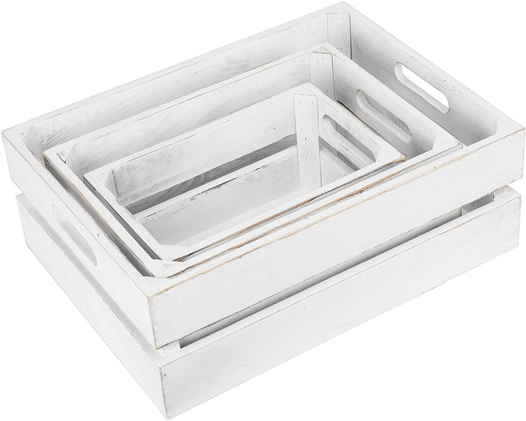 Set of 3, Vintage White Wood Nesting Storage Crates-MyGift