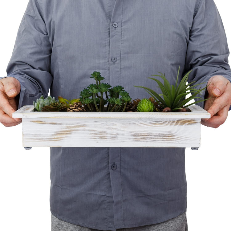 Whitewashed Wood Tabletop Window Box Trough Planter, Includes DIY Artificial Succulents, Pine Cones, Acorns, Moss Filler-MyGift