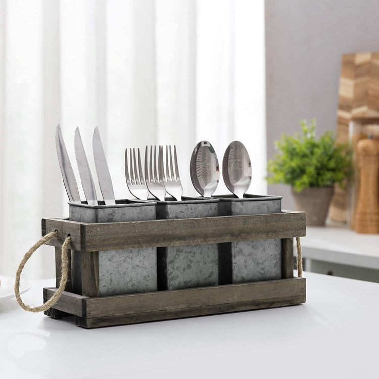 3-Slot Vintage Dark Brown Wood and Galvanized Silver Metal Dining Utensils Holder Server Caddy with Rustic Rope Handles-MyGift