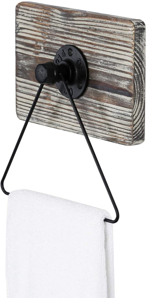 Rustic Torched Wood and Black Industrial Metal Pipe and Triangular Wire Wall Mounted Hand Towel Holder-MyGift