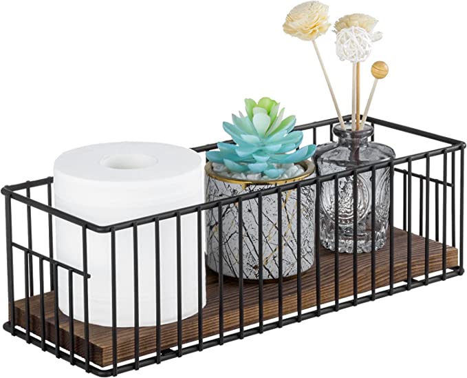 Brass-Tone Metal Wire Toilet Paper Holder Basket with Burnt Wood Base,  Toilet Tank Top Organizer Tray Toiletries Storage
