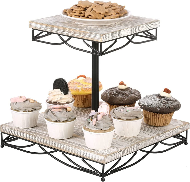 2 Tier Whitewashed Wood Cupcake Holder Stand with Black Metal Wire Trim Dessert Riser Tray-MyGift