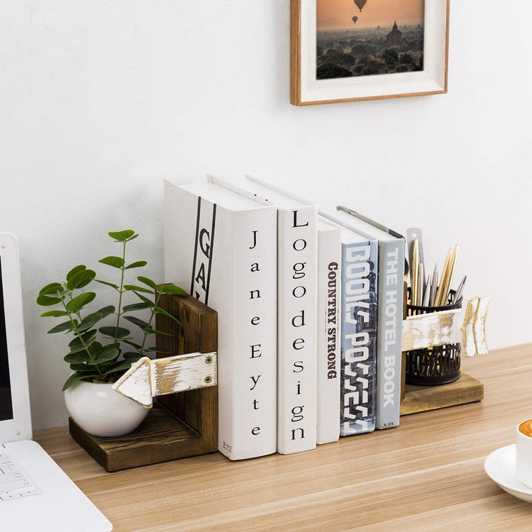 Set of 2, Whitewashed Arrow Design and Dark Brown Burnt Wood Tabletop Bookends-MyGift