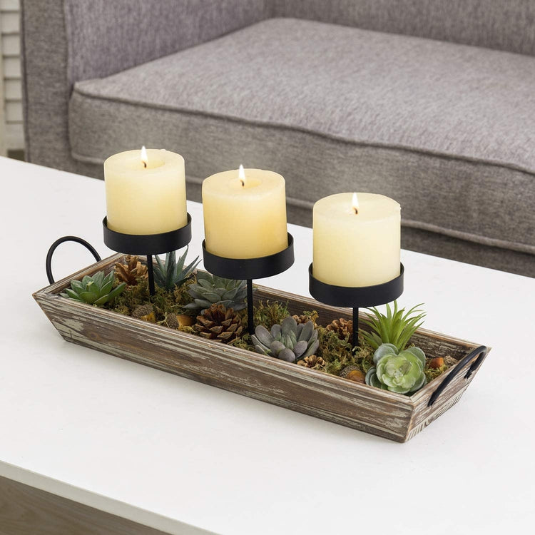 3 Metal Candle Holders with Torched Wood Tray and Artificial Succulent –  MyGift