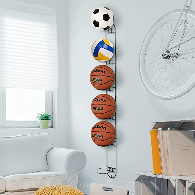 Sports Ball Storage Rack, Basketball, Soccer Ball, Medicine Ball, Volleyball Black Metal Wall Holder for Gym or Garage-MyGift