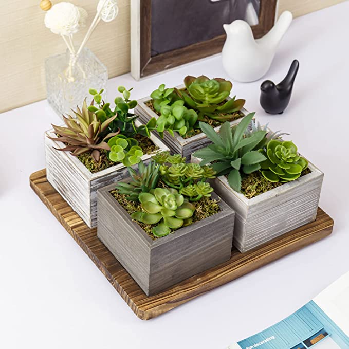 Rustic Wood Planter Boxes and Base Tray, Decorative Artificial Succulent, 5 Piece Set-MyGift