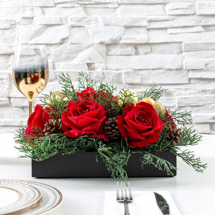 Tabletop Centerpiece Christmas Decoration, Artificial Red Rose Flowers, Cedar Picks, and Gold Tone Ornaments-MyGift