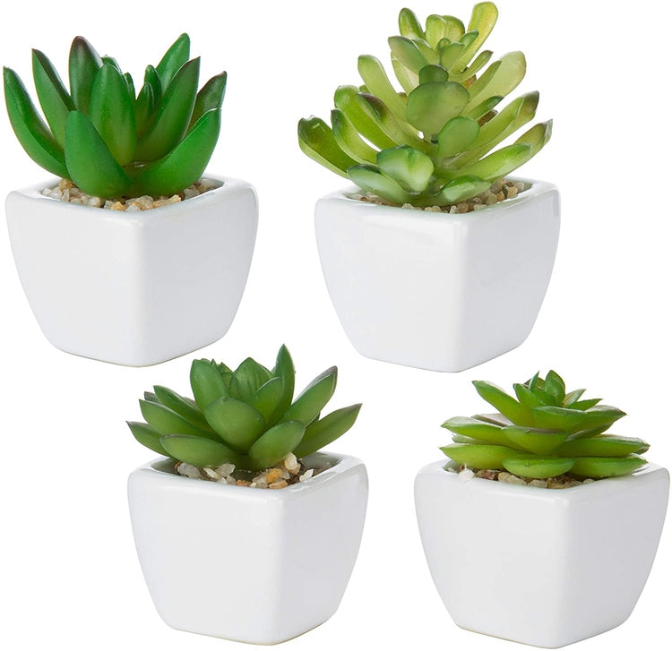 Set of 4 Mini Artificial Succulent Plants in White Ceramic Planter Pots-MyGift