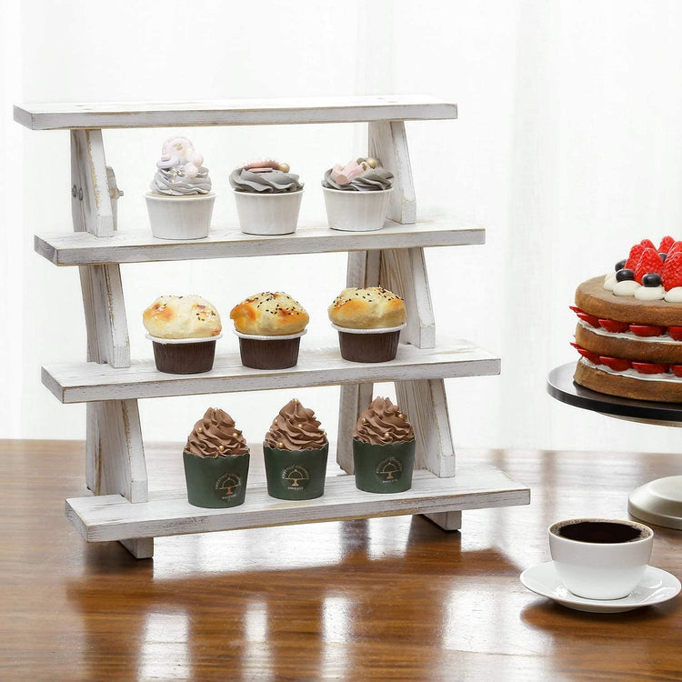 4 Tier Cascading Whitewashed Wood Retail Stair Shelf Display Riser, Cupcake Dessert Stand-MyGift