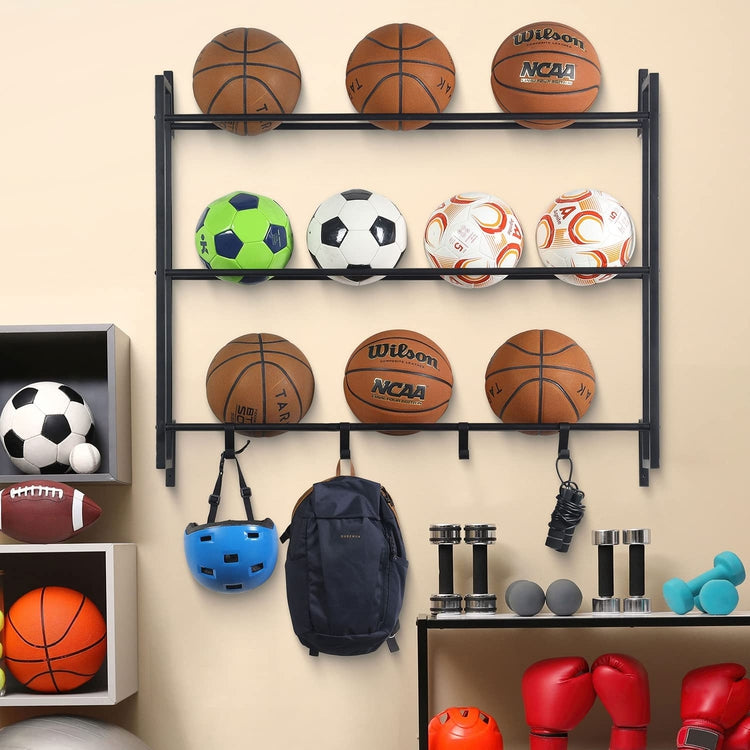 Matte Black Metal Wall Mounted Sports Ball Rack, Gym Exercise Equipment Storage Organizer Shelf Display with S-Hooks-MyGift