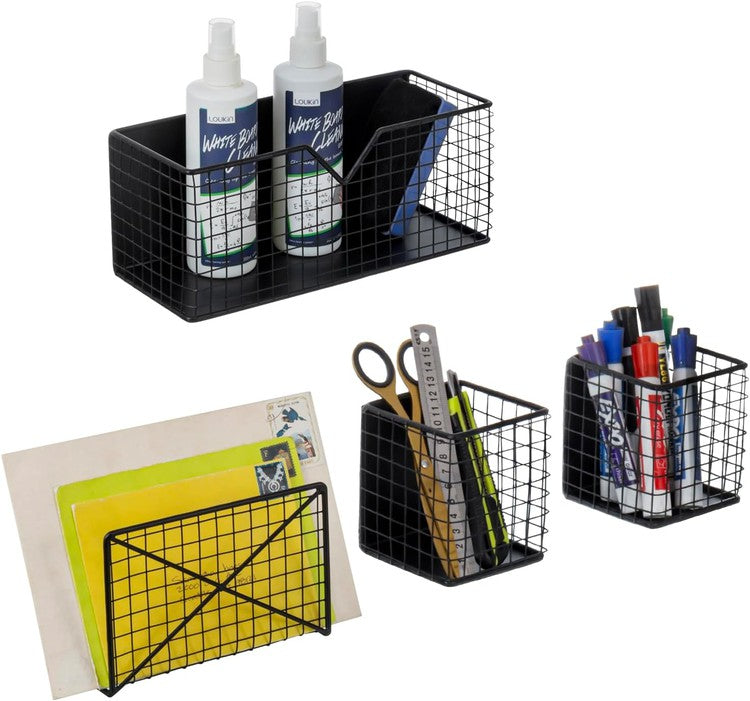 MyGift Magnetic Organizer Basket - Silver Wire Mesh Locker Storage Bin with Magnet, Rectangular Office Supplies Holder, Pencil, Pen, Marker Holder