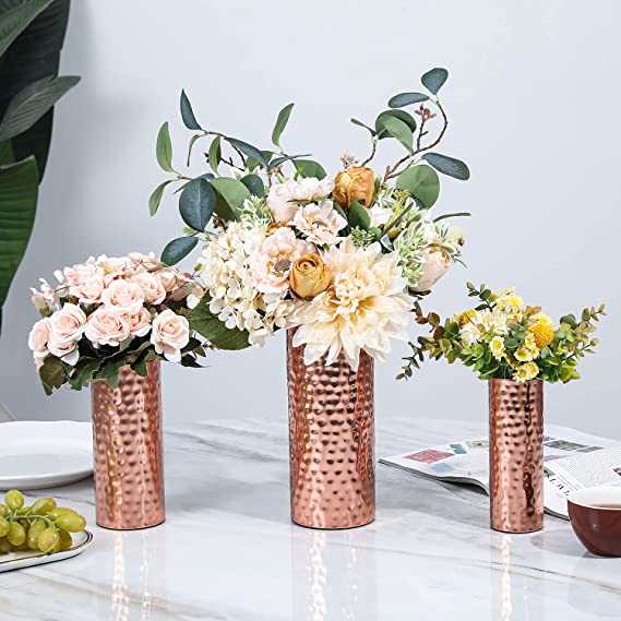 Modern Centerpiece, Decorative Copper Tone Metal Tall Cylinder Flower Vases, Set of 3 (Large, Medium, Small Sizes)-MyGift