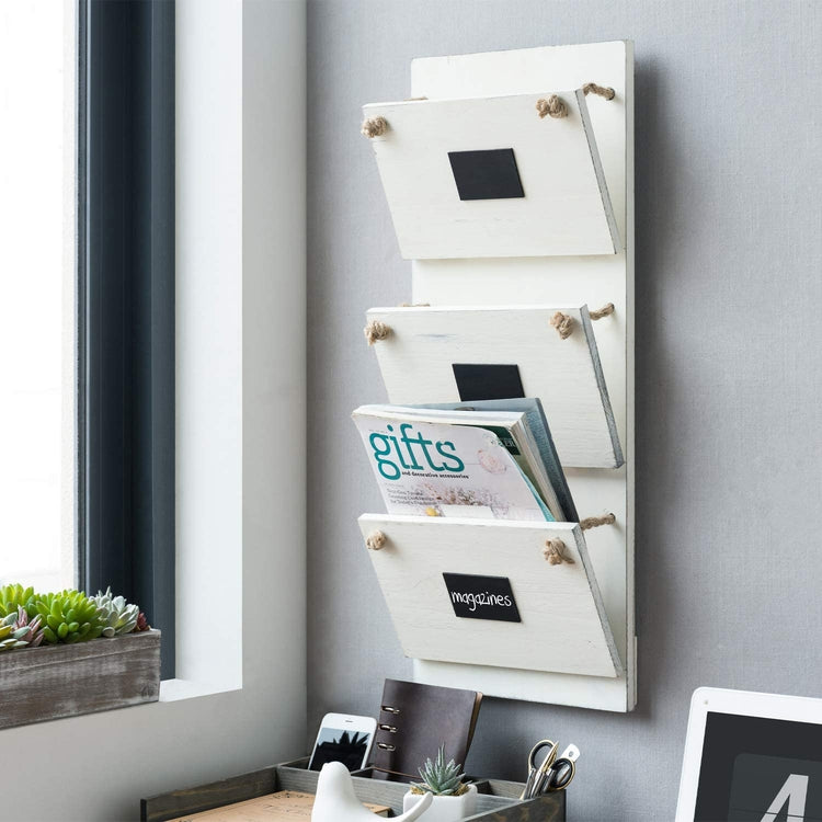 3-Slot Wall Mounted White Wood Mail Holder, Magazine Rack with Rustic ...