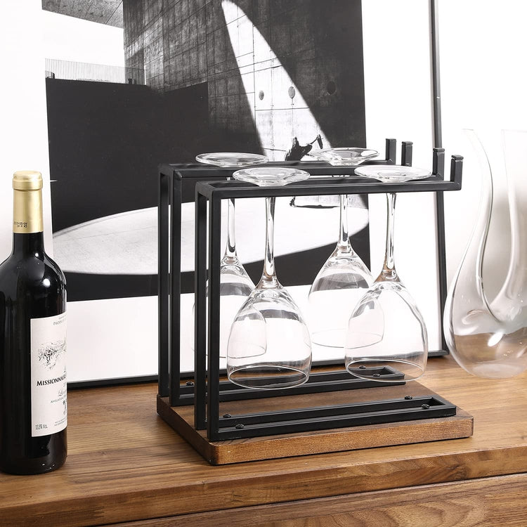 Countertop Wine Glass Stemware Holder Stand with Industrial Black Metal Double Racks and Wooden Base-MyGift