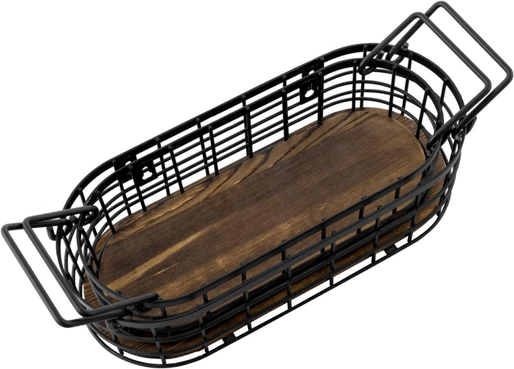 MyGift Decorative Wall Mountable Storage Baskets with Handles, Brass Tone Metal Wire and Rustic Burnt Wood Base Rectangular Hanging Baskets, Set of 2