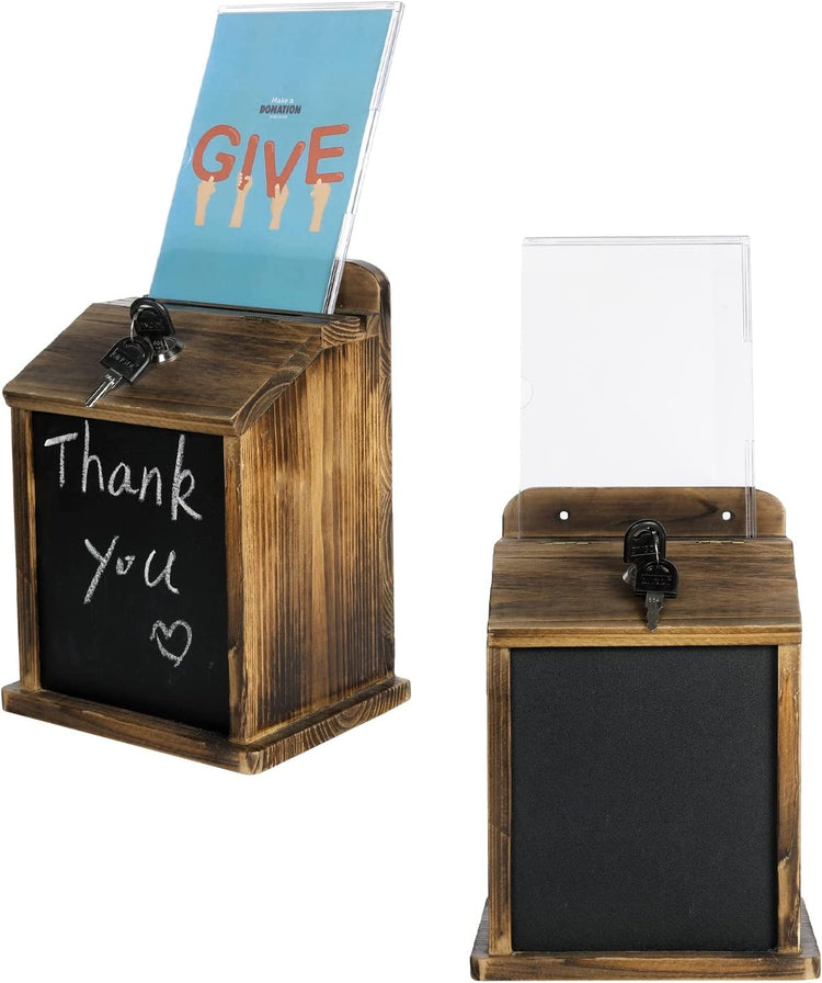 Burnt Wood Wall Mountable Tip Box, Donation Bin, Locking Comment Ballot Box, Clear Acrylic Sign and Chalkboard, Set of 2-MyGift