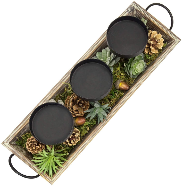3 Metal Candle Holders with Torched Wood Tray and Artificial