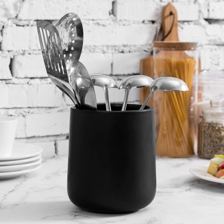 Matte Black Utensil Holder, Ceramic Kitchen Cookware Container, 6 Inch-MyGift