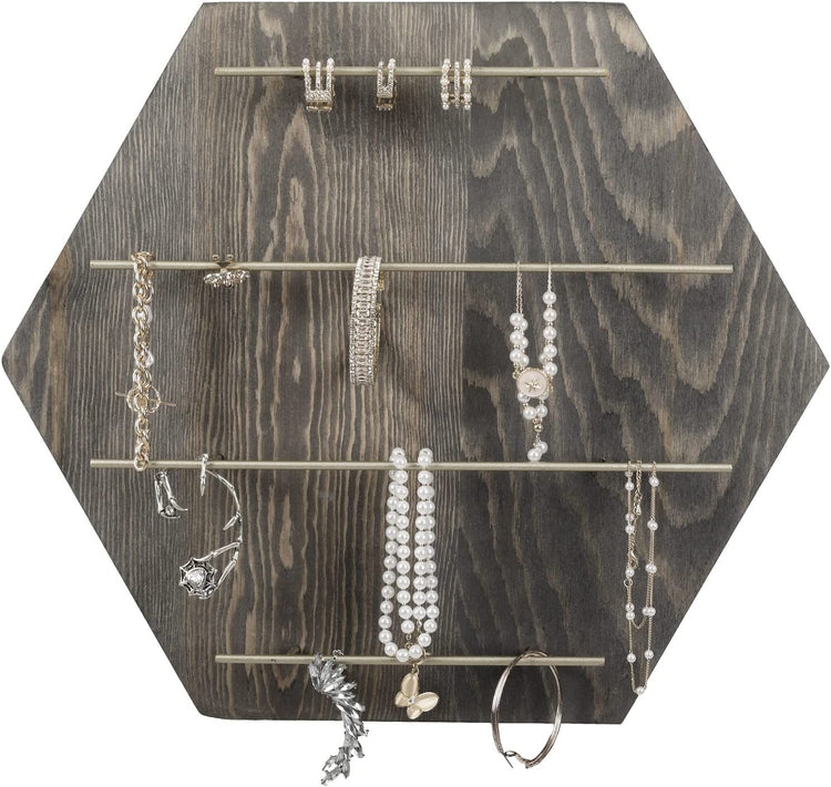 Wall Mounted Jewelry Organizer, Burnt Wood and Black Metal Necklace Holder,  Bracelet, Earring Display Rack with S-Hooks