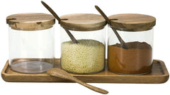 MyGift 8 oz Clear Glass Condiment Round Spice Jars with Ceramic Serving Spoons & Tiered Wood Display Rack, Other
