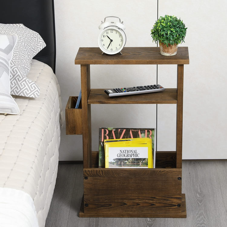 Burnt Wood End Table with Magazine Holder, Storage Display Shelf and Remote Control Holder Rack-MyGift