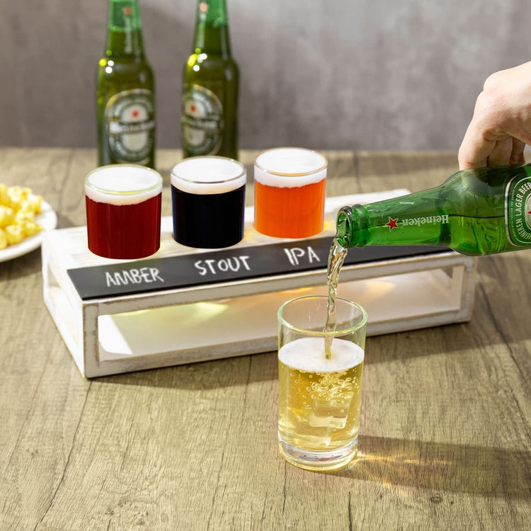 4 Glass Beer Flight Serving Tray with Whitewashed Wood Board and Black  Metal Handles, Chalkboard Label, Sampling Glasses