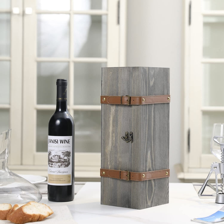 MyGift Wood Wine Box with Straps Bottle Carrier