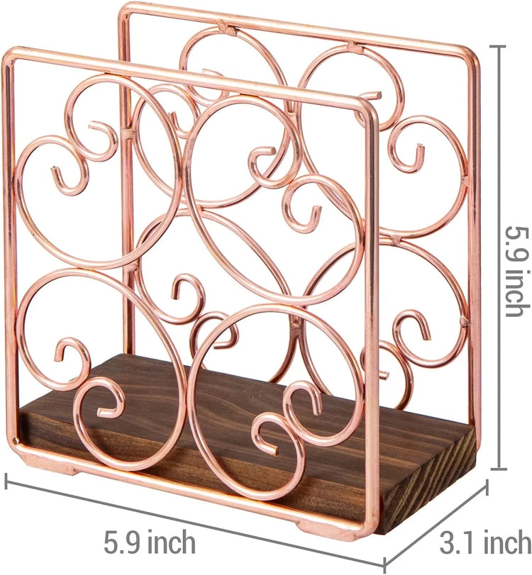 Copper Tone Metal Wire Napkin Holder with Burnt Wood Base, Upright Serviette Dispenser Rack with Scrollwork Design-MyGift