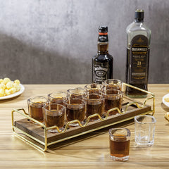 8 Shot Glass Set with Dark Brown Burnt Wood Paddle Holder Server