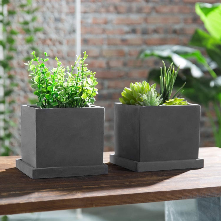 Set of 2, 5-inch Dark Gray Cement Cube Planters with Removable Trays-MyGift