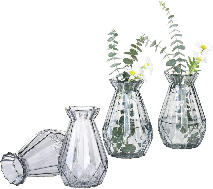 Decorative Clear Glass Vase, Diamond-Faceted Flower Bud Vases, Set of 6