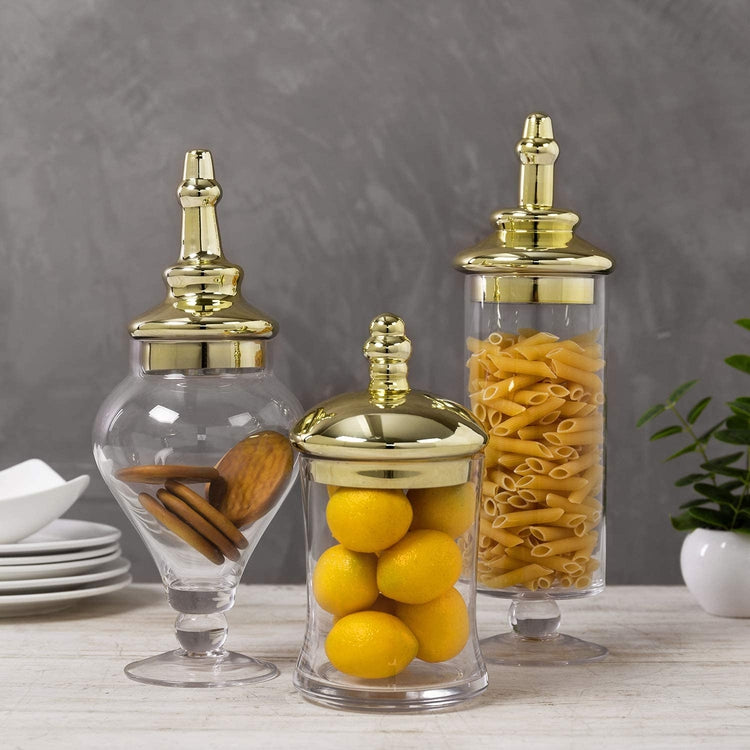 Set of 3 Apothecary Clear Glass Storage Jars with Brass-Tone Lids-MyGift